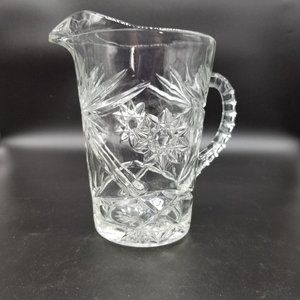 Vintage Clear Water Tea Drink Pitcher Floral Pressed Glass 8.50" Ribbed Handle